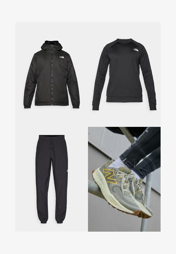 Black The North Face hooded jacket with front zipper, elastic cuffs, and logo on the upper left chest against a white background.; Black long-sleeve sweatshirt made of smooth fabric. Features a crew neckline, raglan sleeves, and a small white logo on the chest.; Black athletic pants made from lightweight fabric, featuring a drawstring waistband, side pockets, and tapered cuffs at the ankles.; Light gray New Balance sneakers with a yellow "N" logo, textured mesh upper, lacing system, and a cushioned off-white sole. Brown outsole detail.