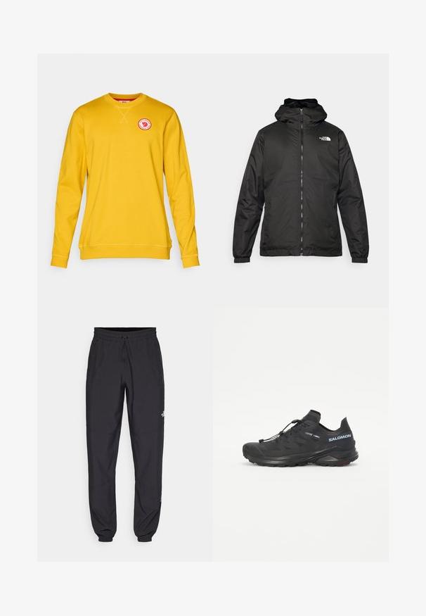 Černá kapucínová bunda The North Face s předním zipem, elastickými manžetami a logem na horní levé části hrudi na bílém pozadí.; Žlutá mikina vyrobená z měkké tkaniny, s kulatým výstřihem, dlouhými rukávy a kulatou nášivkou s logem na hrudi.; Černé sportovní kalhoty vyrobené z lehké tkaniny, s páskem na šňůrku, bočními kapsami a zúženými manžetami na kotnících.; Černé trailové běžecké boty s texturovaným svrškem, elastickými šňůrkami a podrážkou Contagrip. Mají pevné padnutí a ochrannou špičku.