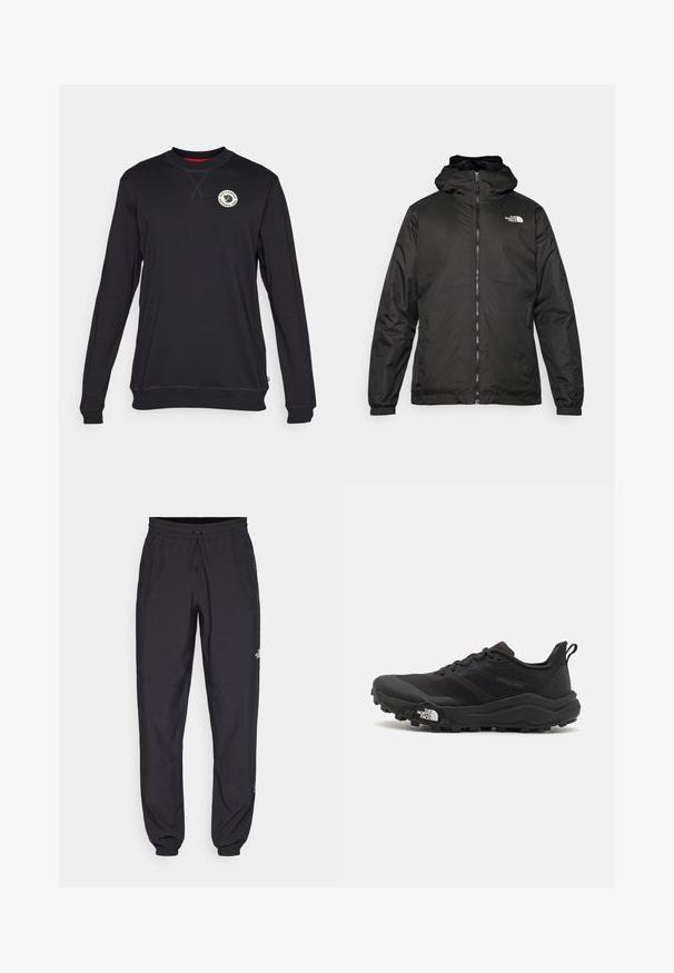 Svart The North Face hettegenser med frontglidelås, elastiske mansjetter, og logo på øvre venstre bryst mot en hvit bakgrunn.; Svart langermet genser med rund hals, med logo på brystet, ribbestrikkede mansjetter og ensartet tekstur. Rød detalj på innsiden av kragen.; Sorte idrettsbukser laget av lett stoff, med snor i livet, sidelommer og smale mansjetter ved anklene.; Svart terrengløpesko med teksturert overdel, gummisåle og forsterket tåhette. Har polstret krage og løftestropp for enkel påkledning.