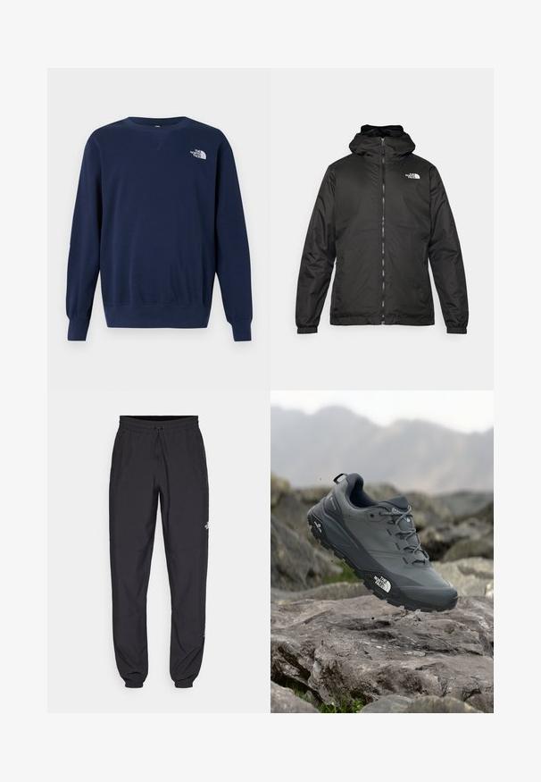 Musta The North Face -huppari, jossa on etuvetoketju, joustavat hihansuut ja logo vasemmalla ylärinnassa valkoista taustaa vasten.; Navy blue collegepaita, joka on valmistettu pehmeästä kankaasta. Siinä on pyöreä kaula-aukko, pitkät hihat ja valkoinen logo rinnassa. Tasainen pinta ja yksinkertainen muotoilu.; Mustat urheiluhousut, jotka on valmistettu kevyestä kankaasta. Housuissa on naru vyötäröllä, sivutaskut ja kapenevat hihnat nilkoissa.; Harmaa polkujuoksukenkä, jossa on teksturoitu päällinen, kestävä kumipohja ja vahvistettu varvastoppa. Varustettu nauhoilla ja brändin logolla sivussa.