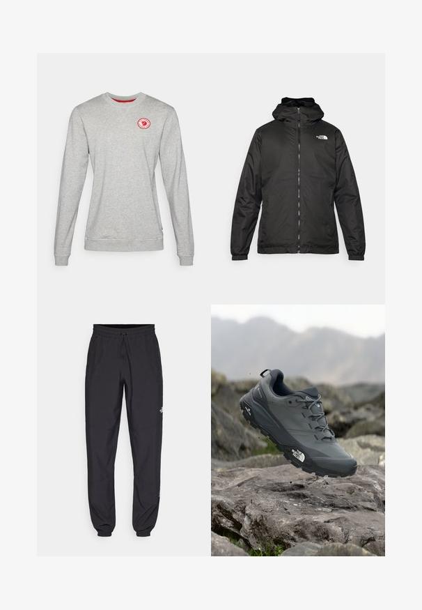 Melnā The North Face kapuce jaka ar priekšējo rāvējslēdzēju, elastīgām piedurknēm un logo augšējā kreisajā krūtī uz balta fona.; Pelēks kreklu džemperis, kas izgatavots no kokvilnas maisījuma auduma, ar sarkanu apaļu logotipu uz krūtīm un ribotu apdari piedurknēs un apakšmalā.; Melni sporta bikses, kas izgatavotas no viegla auduma, ar savelcamu jostu, sānu kabatām un sašaurinātiem apakšējiem galiem pie potītēm.; Pelēki skrējēju apavi ar teksturētu virsu, izturīgu gumijas zoli un pastiprinātu pirkstu daļu. Iekļauj šņores un zīmola logo sānos.