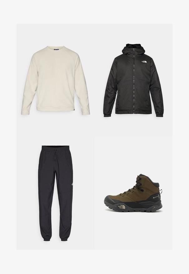 Melnā The North Face kapuce jaka ar priekšējo rāvējslēdzēju, elastīgām piedurknēm un logo augšējā kreisajā krūtī uz balta fona.; Gai béžs džemperis ar noapaļotu kaklu, raglanu piedurknēm un teksturētu audumu. Apakšmala ir nedaudz saīsināta ar sānu logotipu.; Melni sporta bikses, kas izgatavotas no viegla auduma, ar savelcamu jostu, sānu kabatām un sašaurinātiem apakšējiem galiem pie potītēm.; Ūdensnecaurlaidīgi pārgājienu zābaki tumši olīvzaļā un melnā krāsā, ar teksturētu virspusi, izturīgu zoli un pastiprinātu pirkstu daļu.