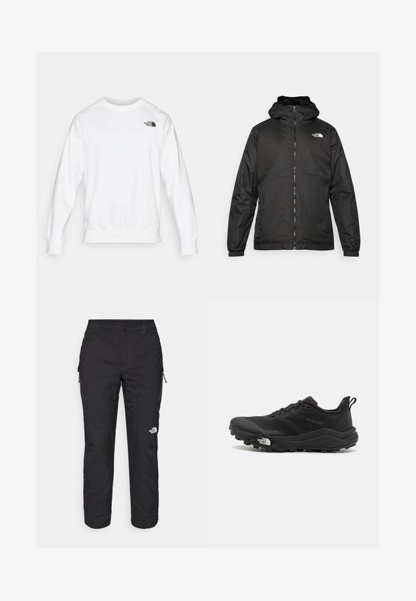 Melnā The North Face kapuce jaka ar priekšējo rāvējslēdzēju, elastīgām piedurknēm un logo augšējā kreisajā krūtī uz balta fona.; Balts džemperis ar apaļo kaklu, garajām raglān piedurknēm, ribotām aprocēm un apakšdaļu, ar mazu melnu logo augšējā kreisajā krūtī.; The North Face WINTER EXPLORATION TAPERED CARGO - Āra bikses - black; Melnas taku skriešanas kurpes ar teksturētu virsu, gumijas zoli un pastiprinātu pirkstu daļu. Aprīkotas ar mīkstu apkakli un vilkšanas cilpu, lai viegli uzvilktu.