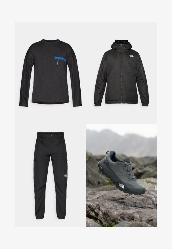 Black The North Face hooded jacket with front zipper, elastic cuffs, and logo on the upper left chest against a white background.; Black long-sleeve shirt with a round neckline, featuring a blue horizontal pocket accent and textured fabric. Simple design without patterns.; The North Face HORIZON PANT - Outdoor trousers - black; Grey trail running shoe with a textured upper, durable rubber sole, and reinforced toe cap. Features laces and brand logo on the side.