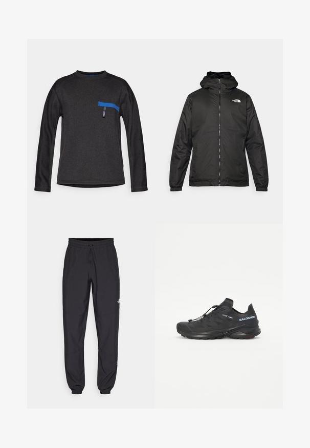 Schwarze The North Face Kapuzenjacke mit Reißverschluss auf der Vorderseite, elastischen Bündchen und Logo auf der oberen linken Brust vor einem weißen Hintergrund.; Schwarzes Langarmshirt mit Rundhalsausschnitt, ausgestattet mit einer blauen horizontalen Taschenakzent und strukturiertem Stoff. Einfaches Design ohne Muster.; Schwarze Sporthosen aus leichtem Stoff, mit einem Kordelzugbund, seitlichen Taschen und schmal zulaufenden Bündchen an den Knöcheln.; Schwarzer Trailschuh zum Laufen mit einer strukturierten Oberseite, elastischen Schnürsenkeln und Contagrip-Außensohle. Bietet eine eng anliegende Passform und eine schützende Zehenkappe.