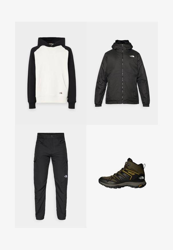 Giacca a vento nera The North Face con zip frontale, polsini elasticizzati e logo sulla parte superiore sinistra del petto, su sfondo bianco.; The North Face HERITAGE HOODIE - Felpa - white dune/black; The North Face HORIZON PANT - Pantaloni outdoor - black; Scarponi da trekking a taglio medio in verde oliva con accenti neri, dotati di una tomaia in rete, suola Vibram e un sistema di lacci prominente. Dettagli di design gialli.