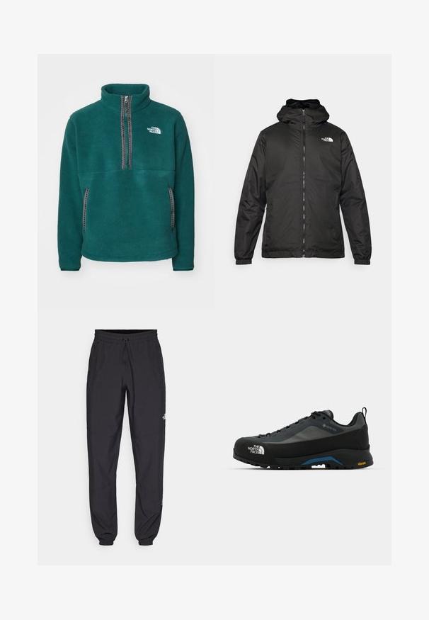 Juodas „The North Face“ striukė su gobtuvu, priekyje užtrauktuku, elastingomis rankogaliais ir logotipu viršutinėje kairėje krūtinės pusėje ant baltos fono.; Žalsvai mėlynas fliso puloveris su aukštu apykakle, pusiau užtrauktuku priekyje, dviem šoninėmis kišenėmis ir kontrastinga juoda siūle. Logotipas kairėje krūtinės srityje.; Juodos sportinės kelnės, pagamintos iš lengvos medžiagos, su raišteliu liemens srityje, šoniniais kišenėmis ir siaurėjantys apykaklės prie kulkšnies.; The North Face VERTO ALPINE GORE TEX - Turistiniai batai - asphalt grey/tnf black