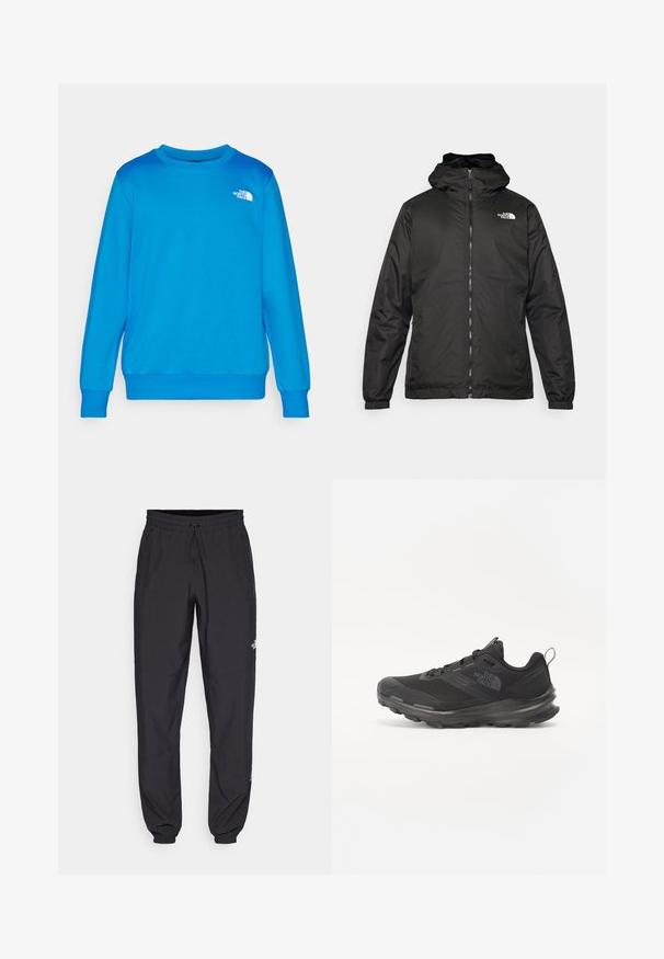 Giacca a vento nera The North Face con zip frontale, polsini elasticizzati e logo sulla parte superiore sinistra del petto, su sfondo bianco.; Felpa azzurra chiara con scollo rotondo e maniche lunghe. Presenta un piccolo logo bianco sul lato sinistro del petto. Tessuto morbido con una consistenza liscia.; Pantaloni sportivi neri realizzati in tessuto leggero, con vita regolabile con cordino, tasche laterali e orli affusolati alle caviglie.; Scarpa sportiva nera con tomaia in rete, suola in gomma e collarino imbottito. Presenta lacci, un logo sul lato e un design testurizzato.