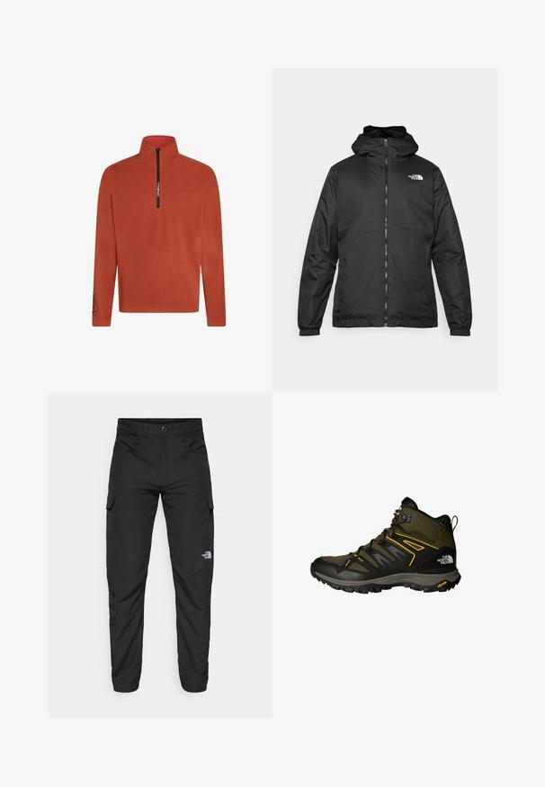 Must esine The North Face must kapuutsiga jakk, millel on esizipp, elastsed mansetid ja logo vasakul ülemisel rinnal valge tausta ees.; Oranž flanellist pullover, millel on pool tõmblukk esiküljel. Omab kõrget kaelust ja logodeetaili varrukal. Pehme, tekstuuriga kangas. Pikad varrukad.; The North Face HORIZON PANT - Õuepüksid - black; Olive rohelised keskikõrgused matkatossud mustade aktsentidega, millel on võrgu pealmine osa, Vibram tallad ja silmapaistev sidumisseade. Kollased disainidetailid.