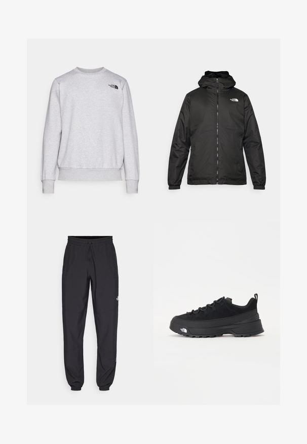 Giacca a vento nera The North Face con zip frontale, polsini elasticizzati e logo sulla parte superiore sinistra del petto, su sfondo bianco.; Felpa grigia in morbido tessuto, con maniche lunghe, collo rotondo, polsini a costine e un piccolo logo nero sul petto.; Pantaloni sportivi neri realizzati in tessuto leggero, con vita regolabile con cordino, tasche laterali e orli affusolati alle caviglie.; Sneaker da esterno nera con parte superiore in suede, suola in gomma testurizzata e robusto sistema di allacciatura. Presenta un tallone rinforzato e il logo del marchio sul lato.