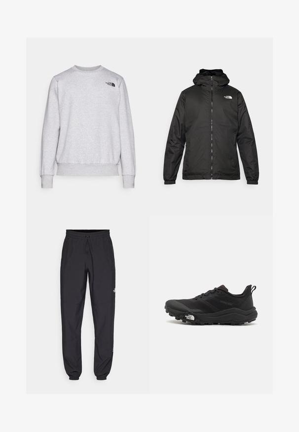 Musta The North Face -huppari, jossa on etuvetoketju, joustavat hihansuut ja logo vasemmalla ylärinnassa valkoista taustaa vasten.; Harmaa huppari pehmeästä kankaasta, jossa on pitkät hihat, pyöreä kaula-aukko, ribbaatut hihansuut ja pieni musta logo rinnassa.; Mustat urheiluhousut, jotka on valmistettu kevyestä kankaasta. Housuissa on naru vyötäröllä, sivutaskut ja kapenevat hihnat nilkoissa.; Musta maastojuoksukengät, joissa on teksturoitu päällinen, kumipohja ja vahvistettu varvastoppia. Varusteena pehmustettu nilkkakappale ja vetotappi helppoa pukemista varten.