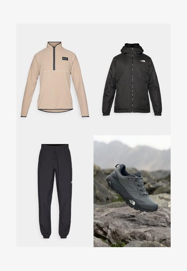 Černá kapucínová bunda The North Face s předním zipem, elastickými manžetami a logem na horní levé části hrudi na bílém pozadí.; Beige fleeceová mikina s polovičním zipem, kontrastním tmavým lemem a malou nášivkou s logem na levém prsu. Dlouhé rukávy, zaoblený lem.; Černé sportovní kalhoty vyrobené z lehké tkaniny, s páskem na šňůrku, bočními kapsami a zúženými manžetami na kotnících.; Šedá trailová běžecká bota s texturovaným svrškem, odolnou gumovou podrážkou a vyztuženou špičkou. Obsahuje tkaničky a logo značky na straně.