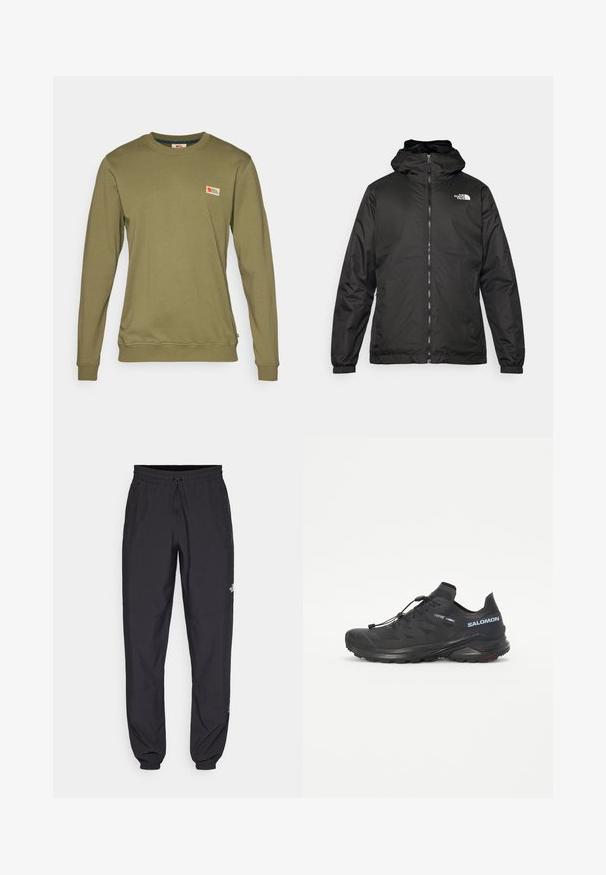 Black The North Face hooded jacket with front zipper, elastic cuffs, and logo on the upper left chest against a white background.; Olive green long-sleeve sweatshirt made of soft cotton, featuring a small logo patch on the chest and ribbed cuffs and hem.; Black athletic pants made from lightweight fabric, featuring a drawstring waistband, side pockets, and tapered cuffs at the ankles.; Black trail running shoe with a textured upper, elastic laces, and Contagrip outsole. Features a snug fit and protective toe cap.