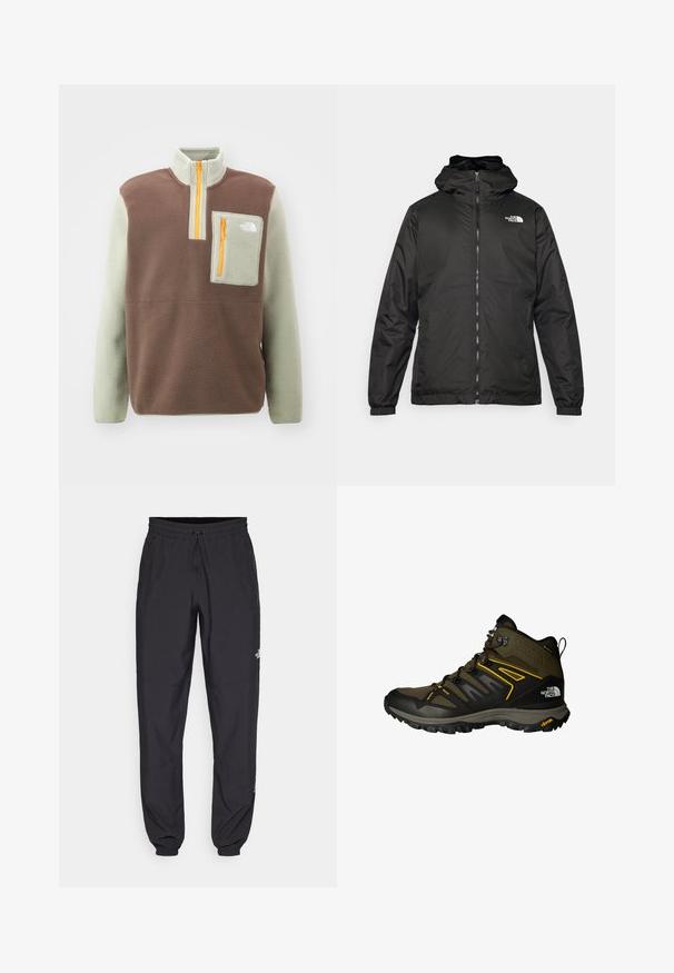Fekete The North Face kapucnis dzseki elülső zipzárral, elasztikus mandzsettákkal és logóval a bal felső mellkason, fehér háttér előtt.; The North Face YUMIORI 1/4 ZIP - Polárpulóver - smokey brown/clay grey/summit gold; Fekete sportnadrág, könnyű anyagból készült, húzózsinóros derékkal, oldalsó zsebekkel és szűkített szárakkal a bokáknál.; Olíva zöld, fekete akcentusokkal rendelkező félmagas túrabakancsok, hálós felső résszel, Vibram talppal és hangsúlyos fűzőrendszerrel. Sárga dizájn részletek.