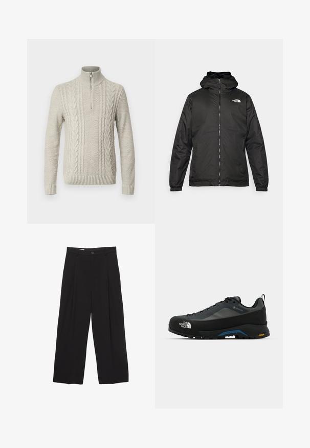Black The North Face hooded jacket with front zipper, elastic cuffs, and logo on the upper left chest against a white background.; Light gray, knitted sweater with a high collar and half zipper. Features textured patterns with cable knit detailing and ribbed cuffs.; Black wide-leg trousers made from smooth fabric, featuring a flat waistband, front pleats, and a single button closure.; The North Face VERTO ALPINE GORE TEX - Hiking shoes - asphalt grey/tnf black