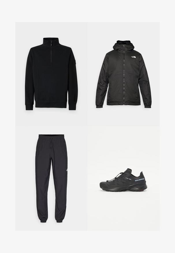 Giacca a vento nera The North Face con zip frontale, polsini elasticizzati e logo sulla parte superiore sinistra del petto, su sfondo bianco.; Felpa nera con colletto alto e zip a metà, maniche lunghe e polsini e orlo a costine. Realizzata in un morbido tessuto testurizzato.; Pantaloni sportivi neri realizzati in tessuto leggero, con vita regolabile con cordino, tasche laterali e orli affusolati alle caviglie.; Scarpa da trail running nera con tomaia strutturata, lacci elastici e suola Contagrip. Offre una vestibilità aderente e una protezione per le dita.