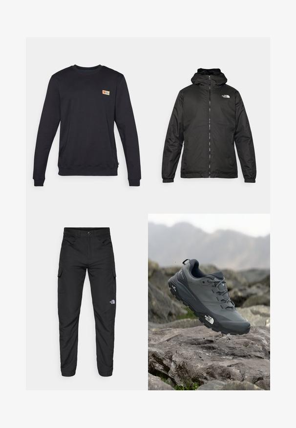 Černá kapucínová bunda The North Face s předním zipem, elastickými manžetami a logem na horní levé části hrudi na bílém pozadí.; Černá mikina s kulatým výstřihem a dlouhými rukávy, vyrobená z měkkého materiálu. Obsahuje malé barevné logo na horní části levého prsu.; The North Face HORIZON PANT - Outdoorové kalhoty - black; Šedá trailová běžecká bota s texturovaným svrškem, odolnou gumovou podrážkou a vyztuženou špičkou. Obsahuje tkaničky a logo značky na straně.