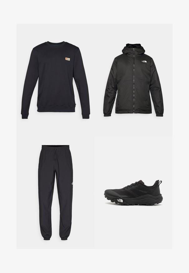 Chaqueta con capucha de The North Face en negro, con cremallera frontal, puños elásticos y logo en la parte superior izquierda del pecho, sobre un fondo blanco.; Sudadera negra de cuello redondo con mangas largas, hecha de material suave. Presenta un pequeño logotipo colorido en la parte superior del lado izquierdo del pecho.; Pantalones deportivos negros hechos de un tejido ligero, con una cinturilla ajustable, bolsillos laterales y puños ajustados en los tobillos.; Zapatilla de trail running negra con upper texturizado, suela de goma y puntera reforzada. Presenta un collar acolchado y una lengüeta para poner y quitar fácilmente.