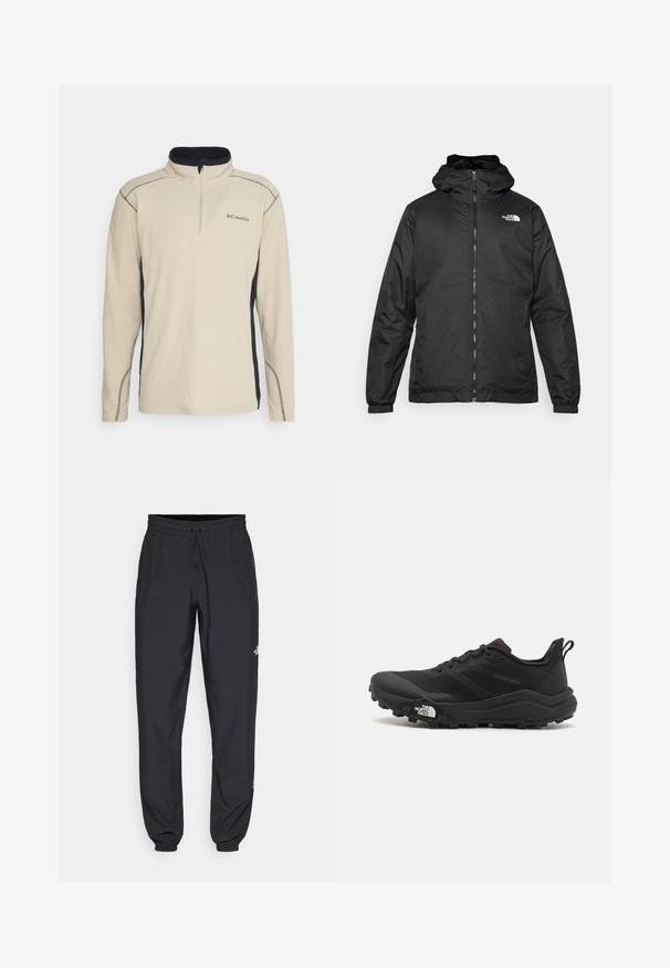 Čierna bundá s kapucňou The North Face s predným zipsom, elastickými manžetami a logom v ľavom hornom rohu hrude na bielom pozadí.; Béžový fleecový sveter s čiernym bočným panelom, štvrťzipom vpredu a kontrastným prešívaním. Má malé logo na hrudi.; Čierne športové nohavice vyrobené z ľahkej tkaniny, s elastickým pásom na šnurovanie, bočnými vreckami a zúženými manžetami na členkoch.; Čierne trailové behacie topánky s štruktúrovaným zvrškom, gumovou podrážkou a vystuženou špičkou. Obsahuje polstrovaný golier a úchyt na jednoduché obúvanie.