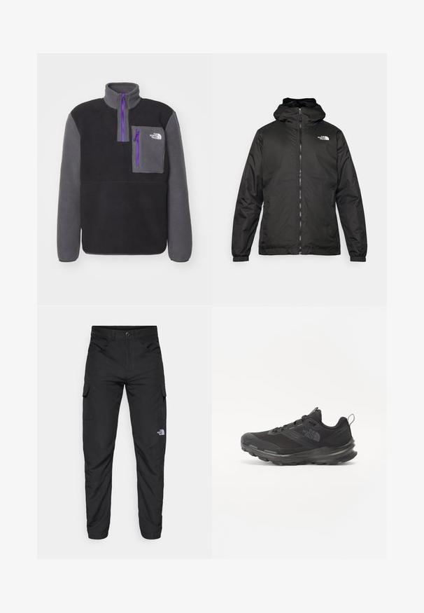 Svart The North Face hettegenser med frontglidelås, elastiske mansjetter, og logo på øvre venstre bryst mot en hvit bakgrunn.; The North Face YUMIORI 1/4 ZIP - Fleecegenser - black/anthracite grey; The North Face HORIZON PANT - Friluftsbukser - black; Svart treningssko med mesh-overdel, gummiyttersåle og polstret krage. Har snører, logo på siden og et teksturert design.