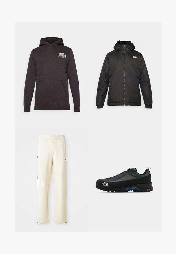 Juodas „The North Face“ striukė su gobtuvu, priekyje užtrauktuku, elastingomis rankogaliais ir logotipu viršutinėje kairėje krūtinės pusėje ant baltos fono.; Juodas medvilnės džemperis su priekiniais kišenėmis, raukšlėtomis rankovėmis ir logotipu su užrašu "PUMA sporto klubas" baltu spalva krūtinėje.; Šviesiai smėliniai sportiniai kelnių pagaminti iš minkštos medžiagos. Yra juodas logotipas, šoniniai kišenės su užtrauktukais ir laisvas siluetas.; The North Face VERTO ALPINE GORE TEX - Turistiniai batai - asphalt grey/tnf black