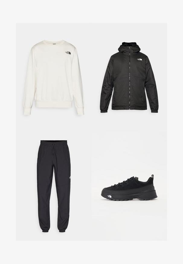 Jacket preta com capuz da The North Face, com fecho éclair na frente, punhos elásticos e logotipo no canto superior esquerdo do peito, em fundo branco.; Sweatshirt branca feita de tecido macio, com gola redonda, mangas longas, punhos em canelado e um logotipo preto no lado esquerdo do peito.; Calças atléticas pretas feitas de tecido leve, com um cós ajustável por cordão, bolsos laterais e punhos afunilados nos tornozelos.; Sapatilha de exterior preta com parte superior em camurça, sola de borracha texturizada e sistema de atacadores robusto. Apresenta um calcanhar reforçado e o logótipo da marca na lateral.