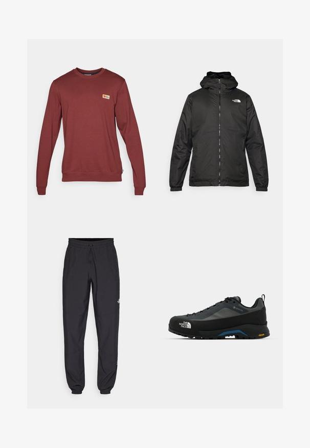 Svart The North Face hettegenser med frontglidelås, elastiske mansjetter, og logo på øvre venstre bryst mot en hvit bakgrunn.; Rød sweatshirt med lange ermer laget av bomullsblanding, med en ribbestrikket hals, mansjetter og et lite logo-patch på brystet.; Sorte idrettsbukser laget av lett stoff, med snor i livet, sidelommer og smale mansjetter ved anklene.; The North Face VERTO ALPINE GORE TEX - Fjellsko - asphalt grey/tnf black