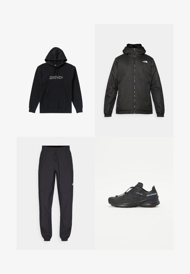 Schwarze The North Face Kapuzenjacke mit Reißverschluss auf der Vorderseite, elastischen Bündchen und Logo auf der oberen linken Brust vor einem weißen Hintergrund.; Schwarzer Hoodie mit einer Vordertasche und einer Kapuze mit Kordelzug, mit dem weißen Volcom Snow-Logo auf der Brust, aus weichem Material gefertigt.; Schwarze Sporthosen aus leichtem Stoff, mit einem Kordelzugbund, seitlichen Taschen und schmal zulaufenden Bündchen an den Knöcheln.; Schwarzer Trailschuh zum Laufen mit einer strukturierten Oberseite, elastischen Schnürsenkeln und Contagrip-Außensohle. Bietet eine eng anliegende Passform und eine schützende Zehenkappe.