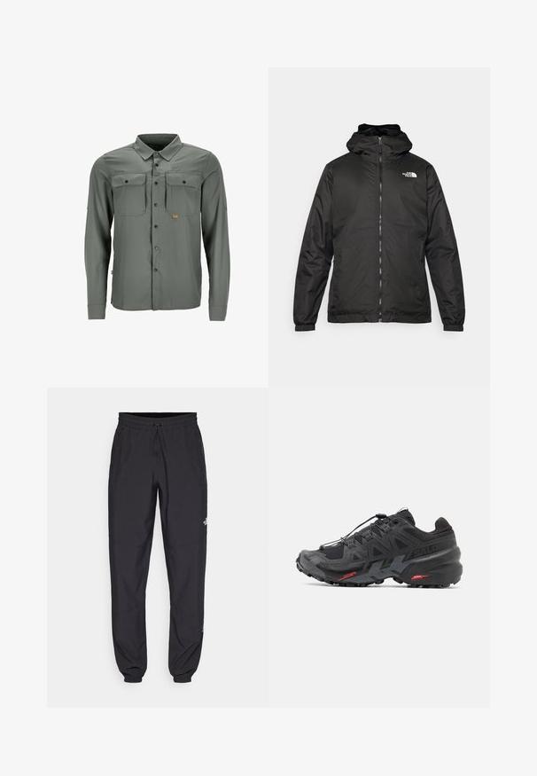 Musta The North Face -huppari, jossa on etuvetoketju, joustavat hihansuut ja logo vasemmalla ylärinnassa valkoista taustaa vasten.; Pitkät hihat napilla varustettu paita harmaasta kankaasta, jossa on kaksi rintataskua ja pieni logo-ompelu. Sitä koristaa klassinen kaulus ja teksturoitu kuvio.; Mustat urheiluhousut, jotka on valmistettu kevyestä kankaasta. Housuissa on naru vyötäröllä, sivutaskut ja kapenevat hihnat nilkoissa.; Musta juoksukengät, joissa on synteettinen päällinen, teksturoitu muotoilu ja kontrastivärit punaisina akentteina. Varustettu turvallisella nauhakiristyksellä ja karkealla pohjalla.