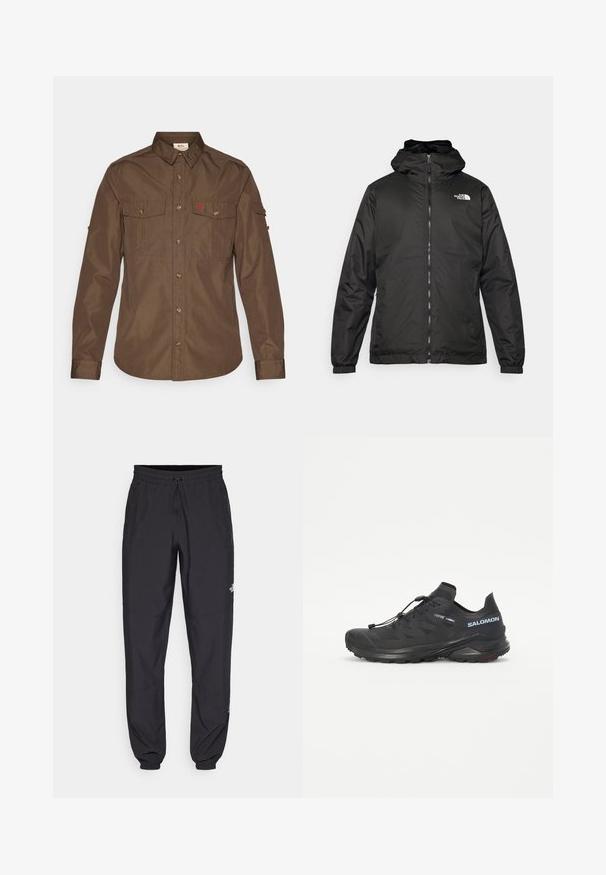 Jacket preta com capuz da The North Face, com fecho éclair na frente, punhos elásticos e logotipo no canto superior esquerdo do peito, em fundo branco.; Camisa de manga longa castanha feita de um tecido com uma textura suave. Apresenta dois bolsos no peito, uma frente abotoada e um logótipo do lado esquerdo.; Calças atléticas pretas feitas de tecido leve, com um cós ajustável por cordão, bolsos laterais e punhos afunilados nos tornozelos.; Sapatilha de trail running preta com um upper texturizado, atacadores elásticos e sola Contagrip. Apresenta um ajuste confortável e uma biqueira protetora.
