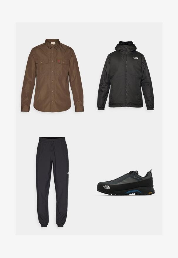 Svart The North Face hettegenser med frontglidelås, elastiske mansjetter, og logo på øvre venstre bryst mot en hvit bakgrunn.; Brun langermet skjorte laget av stoff med en jevn tekstur. Har to brystlommer, knappestolpe foran og en logo på venstre side.; Sorte idrettsbukser laget av lett stoff, med snor i livet, sidelommer og smale mansjetter ved anklene.; The North Face VERTO ALPINE GORE TEX - Fjellsko - asphalt grey/tnf black