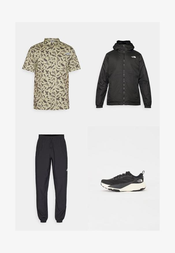 Chaqueta con capucha de The North Face en negro, con cremallera frontal, puños elásticos y logo en la parte superior izquierda del pecho, sobre un fondo blanco.; Camisa de botones de manga corta en algodón verde claro con un patrón abstracto marrón oscuro, que incluye un bolsillo en el pecho y cuello.; Pantalones deportivos negros hechos de un tejido ligero, con una cinturilla ajustable, bolsillos laterales y puños ajustados en los tobillos.; Zapatilla deportiva negra con parte superior de malla texturizada, acentos en negro sólido y suela ligera blanca. Presenta cierre de cordones y tirador.