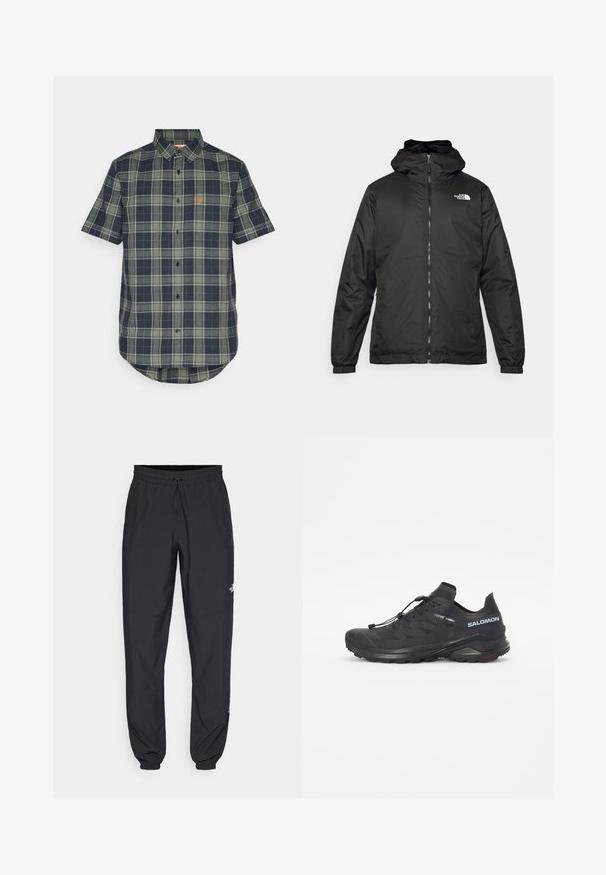 Svart The North Face hettegenser med frontglidelås, elastiske mansjetter, og logo på øvre venstre bryst mot en hvit bakgrunn.; Kortermet button-up skjorte i marineblå og grønn rutete mønster, med en buet hem og et lite merke på brystet.; Sorte idrettsbukser laget av lett stoff, med snor i livet, sidelommer og smale mansjetter ved anklene.; Svart trail-løpesko med teksturert overdel, elastiske lisser og Contagrip yttersåle. Har en tett passform og beskyttende tåhette.