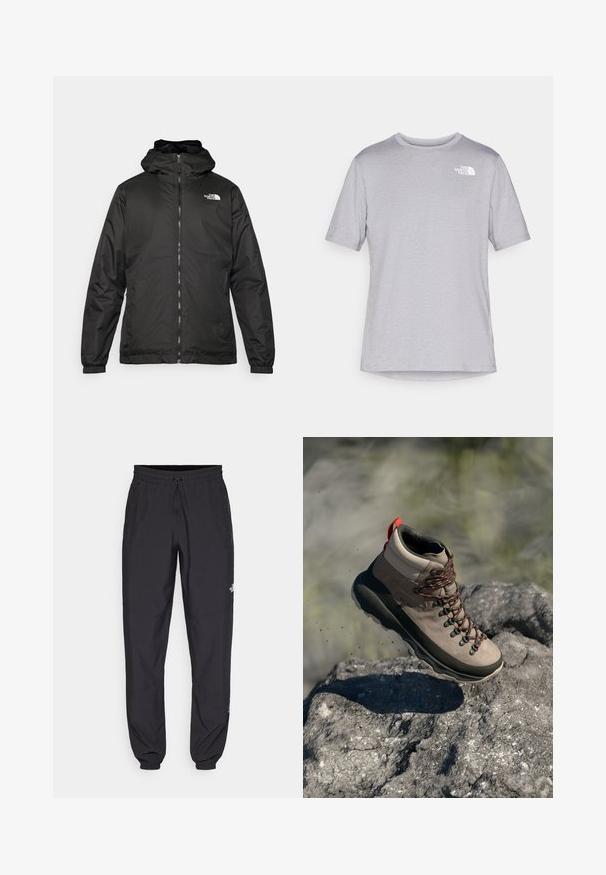 Musta The North Face -huppari, jossa on etuvetoketju, joustavat hihansuut ja logo vasemmalla ylärinnassa valkoista taustaa vasten.; Harmaa lyhythihainen t-paita pyöreällä kauluksella, valmistettu kevyestä kankaasta, jossa on pieni valkoinen logo vasemmassa rinnassa. Sileä rakenne.; Mustat urheiluhousut, jotka on valmistettu kevyestä kankaasta. Housuissa on naru vyötäröllä, sivutaskut ja kapenevat hihnat nilkoissa.; Vaelluskenkä taupe-nahkaa ja tummasta kumista, jossa on punaisia yksityiskohtia, metallisia niittejä ja oranssit nauhat, kohotettuna kivisestä pinnasta.