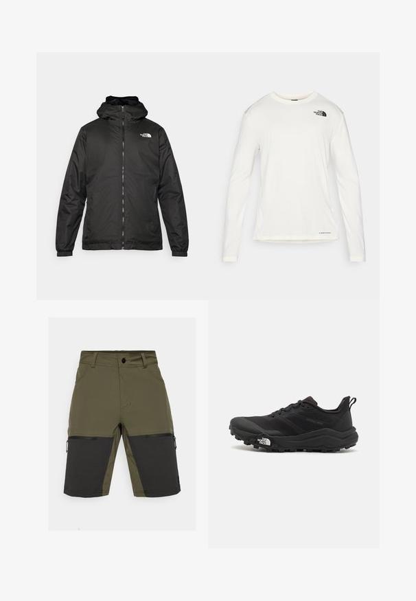 Svart The North Face hettegenser med frontglidelås, elastiske mansjetter, og logo på øvre venstre bryst mot en hvit bakgrunn.; Hvit langermet skjorte med rund hals, teksturert stoff, svart logo på venstre skulder, og subtil merkevareplassering nederst.; Olivenfargede shorts med sorte detaljer, som har en glidelåslomme og en glatt tekstur. Designet med rett passform og slitesterkt materiale.; Svart terrengløpesko med teksturert overdel, gummisåle og forsterket tåhette. Har polstret krage og løftestropp for enkel påkledning.