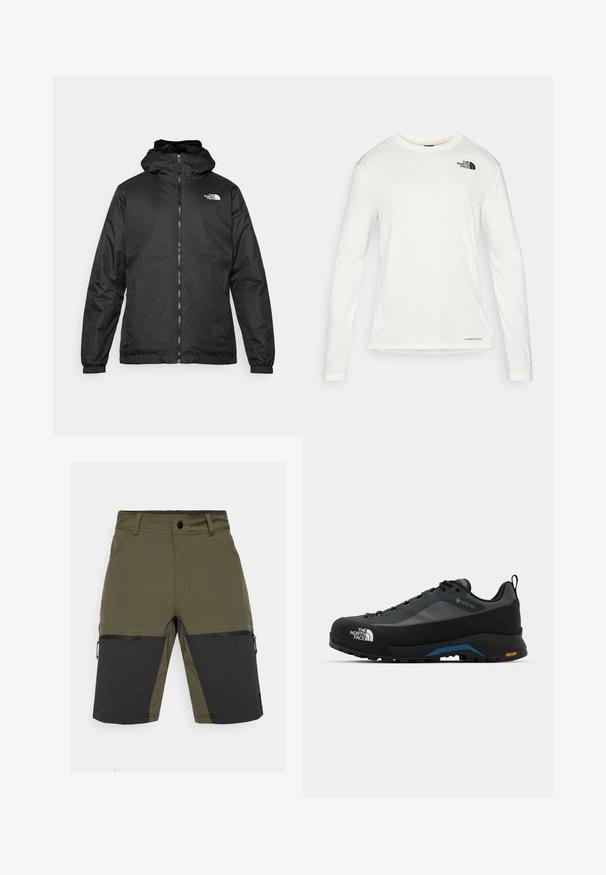 Black The North Face hooded jacket with front zipper, elastic cuffs, and logo on the upper left chest against a white background.; White long-sleeve shirt with a round neck, textured fabric, black logo on the left shoulder, and subtle branding at the bottom.; Olive green shorts with black accents, featuring a zipper pocket and smooth texture. Designed with a straight cut and durable material.; The North Face VERTO ALPINE GORE TEX - Hiking shoes - asphalt grey/tnf black