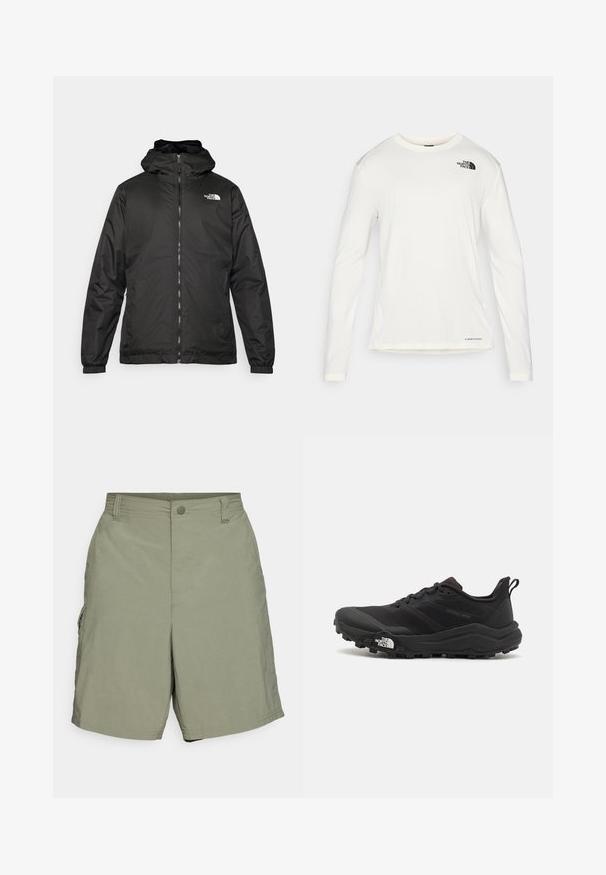 Musta The North Face -huppari, jossa on etuvetoketju, joustavat hihansuut ja logo vasemmalla ylärinnassa valkoista taustaa vasten.; Valkoinen pitkähiha- paita, jossa on pyöreä kaula-aukko, teksturoitu kangas, musta logo vasemmassa olkapäässä ja huomaamaton brändäys alaosassa.; Columbia BAHAMA™ - Ulkoshortsit - cypress; Musta maastojuoksukengät, joissa on teksturoitu päällinen, kumipohja ja vahvistettu varvastoppia. Varusteena pehmustettu nilkkakappale ja vetotappi helppoa pukemista varten.