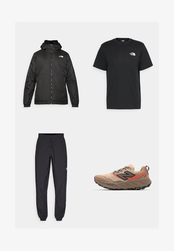 Veste à capuche The North Face noire avec fermeture éclair à l'avant, poignets élastiques et logo sur le haut de la poitrine gauche sur fond blanc.; T-shirt en coton noir à manches courtes, col rond, avec un petit logo blanc sur la poitrine gauche. Design simple, texture lisse et coupe décontractée.; Pantalon de sport noir en tissu léger, avec une taille à cordon, des poches latérales et des chevilles resserrées.; Baskets de course beiges avec tige en mesh, accents noirs et rouges, et semelle Vibram. Comprend un col rembourré et une surface texturée pour l'adhérence.