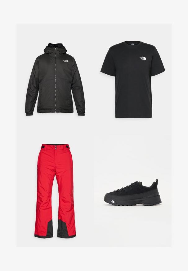 Black The North Face hooded jacket with front zipper, elastic cuffs, and logo on the upper left chest against a white background.; Black cotton t-shirt with short sleeves, crew neck, and a small white logo on the left chest. Simple design, smooth texture, and relaxed fit.; Red waterproof ski pants with a black lower panel, adjustable waist, and two side pockets; made from a smooth, durable material.; Black outdoor sneaker with a suede upper, textured rubber sole, and sturdy lacing system. Features a reinforced heel and brand logo on the side.