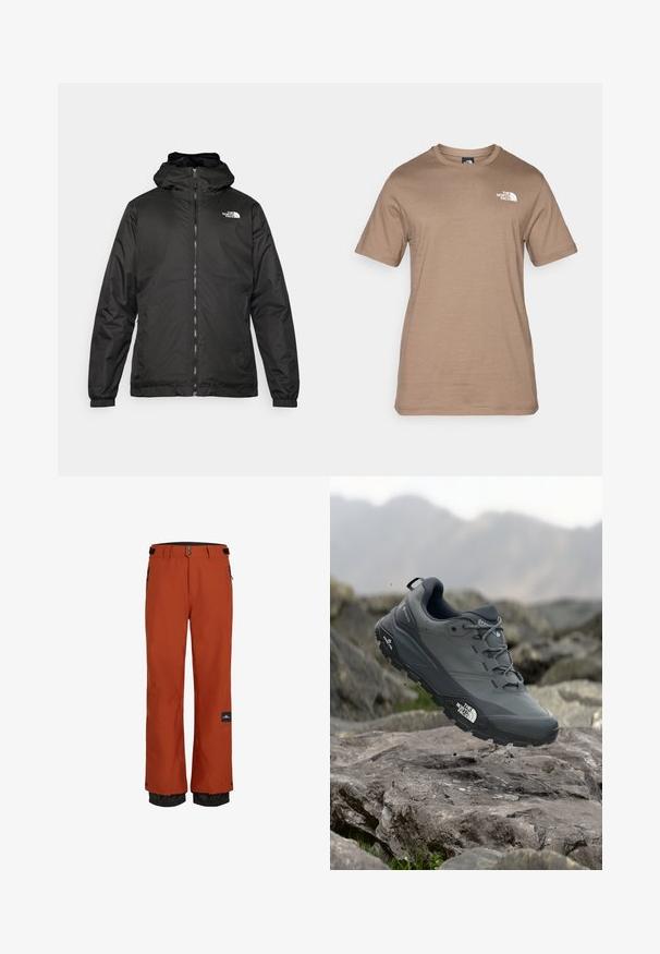Čierna bundá s kapucňou The North Face s predným zipsom, elastickými manžetami a logom v ľavom hornom rohu hrude na bielom pozadí.; Tričko s krátkym rukávom z ľahkej hnedej bavlny s malým bielym logom na hrudi. Klasický okrúhly výstrih, hladká textúra a štandardný strih.; Oranžové nepremokavé lyžiarske nohavice s čiernym nastaviteľným pásom, bočnými vreckami a elastickými manžetami na reguláciu teploty.; Šedá trailová bežecká obuv s textúrovaným zvrškom, odolnou gumovou podrážkou a vystuženou špičkou. Obsahuje šnúrky a logo značky na boku.