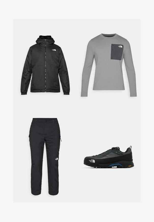Jacket preta com capuz da The North Face, com fecho éclair na frente, punhos elásticos e logotipo no canto superior esquerdo do peito, em fundo branco.; Camisa de manga longa cinza com tecido texturizado, apresentando um bolso no peito cinza escuro e um fecho em zíper. Logótipo no bolso em branco.; The North Face WINTER EXPLORATION TAPERED CARGO  - Calças para exterior - black; The North Face VERTO ALPINE GORE TEX - Sapatos de caminhada - asphalt grey/tnf black
