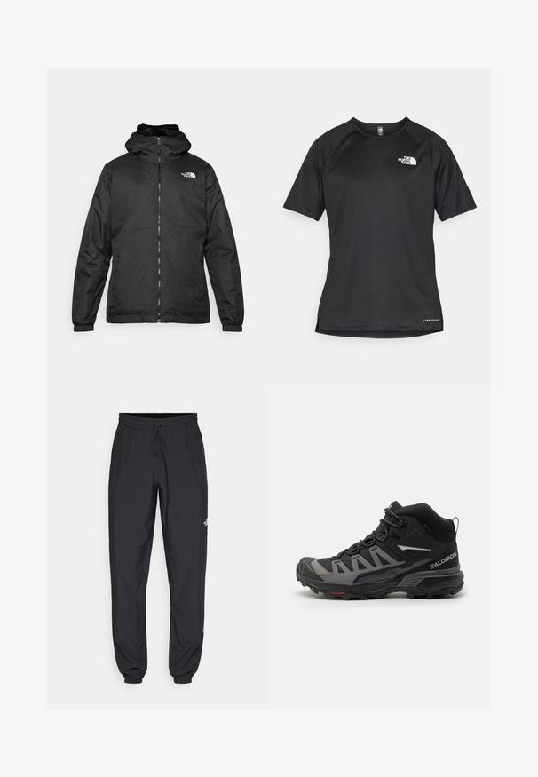 Musta The North Face -huppari, jossa on etuvetoketju, joustavat hihansuut ja logo vasemmalla ylärinnassa valkoista taustaa vasten.; Mustat lyhythihaiset urheilupaidat, joissa on teksturoitu kangas, valkoisella logolla vasemmassa rinnassa ja suora helma.; Mustat urheiluhousut, jotka on valmistettu kevyestä kankaasta. Housuissa on naru vyötäröllä, sivutaskut ja kapenevat hihnat nilkoissa.; Musta ja harmaa puolivartinen vaelluskenkä, jossa on teksturoitu päällinen, vahvistettu varvaskuppi, nauhoitusjärjestelmä ja karkeapohjainen pohja, joka on suunniteltu pitoa varten.