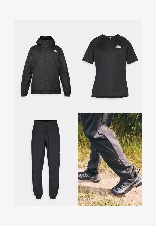 Musta The North Face -huppari, jossa on etuvetoketju, joustavat hihansuut ja logo vasemmalla ylärinnassa valkoista taustaa vasten.; Mustat lyhythihaiset urheilupaidat, joissa on teksturoitu kangas, valkoisella logolla vasemmassa rinnassa ja suora helma.; Mustat urheiluhousut, jotka on valmistettu kevyestä kankaasta. Housuissa on naru vyötäröllä, sivutaskut ja kapenevat hihnat nilkoissa.; Mustat vedenpitävät housut rentoon istuvuuteen, joissa on pieni sivutasku. Yhdistetty kestäviin mustiin ja harmaisiin vaelluskengiin, joissa on kuvio.