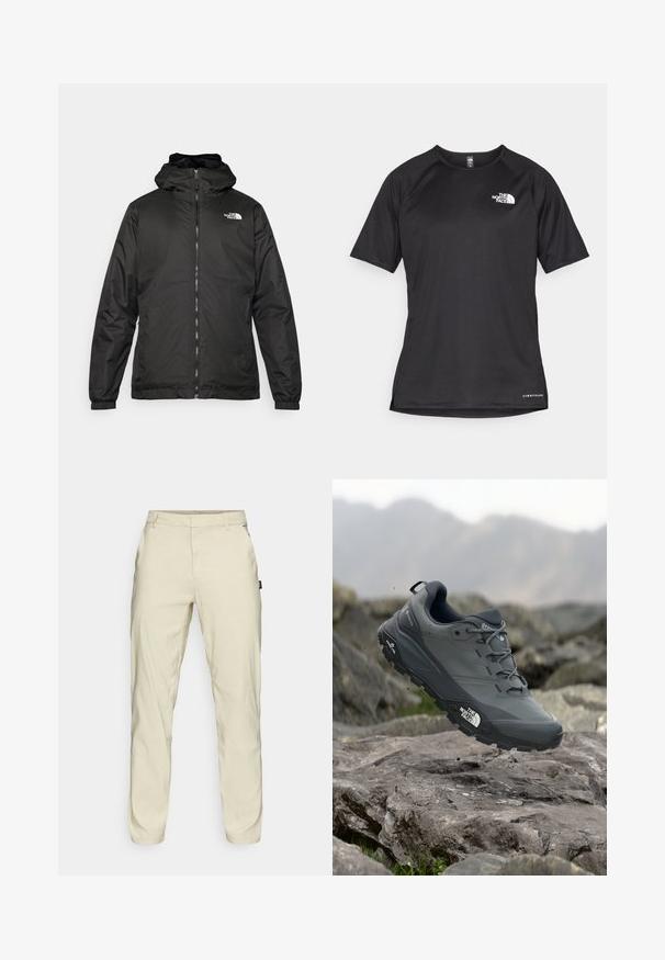 Black The North Face hooded jacket with front zipper, elastic cuffs, and logo on the upper left chest against a white background.; Black short-sleeve athletic shirt with a textured fabric, featuring a white logo on the left chest and a straight hem.; Oakley TERRAIN PANT - Trousers - silver sage/white; Grey trail running shoe with a textured upper, durable rubber sole, and reinforced toe cap. Features laces and brand logo on the side.