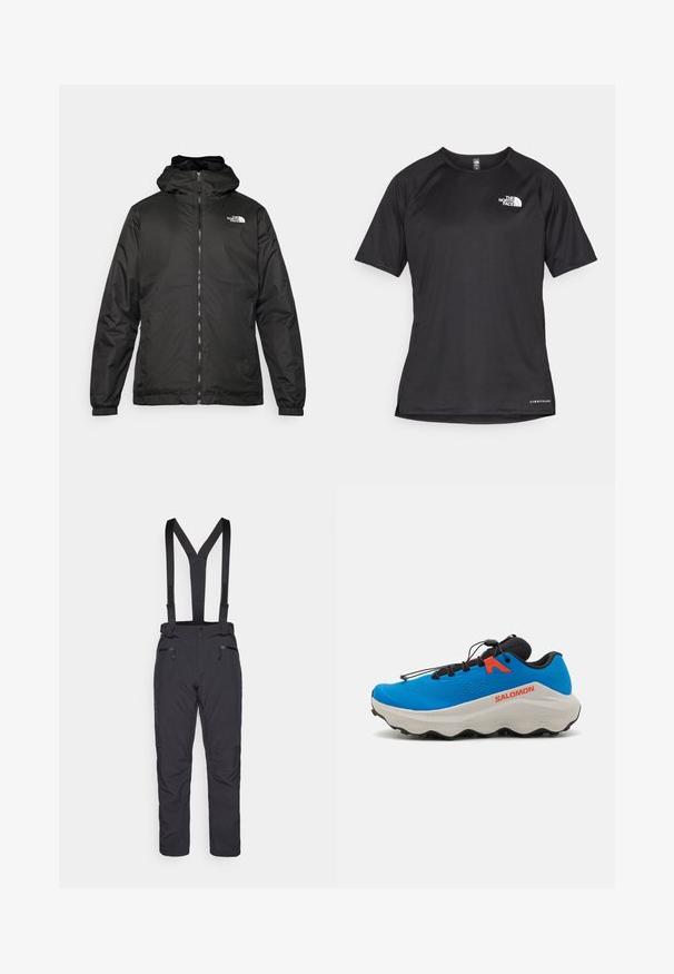 Black The North Face hooded jacket with front zipper, elastic cuffs, and logo on the upper left chest against a white background.; Black short-sleeve athletic shirt with a textured fabric, featuring a white logo on the left chest and a straight hem.; Black ski pants with adjustable straps, two front zippered pockets, and a slim cut design. Made of durable, water-resistant material.; Blue athletic shoe with a textured upper, black accent details, cushioned white sole, and adjustable lacing system for a secure fit.