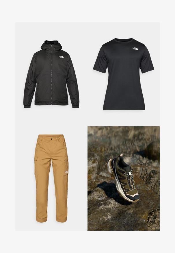 Black The North Face hooded jacket with front zipper, elastic cuffs, and logo on the upper left chest against a white background.; Black short-sleeve t-shirt made of lightweight, moisture-wicking fabric. Features a white logo on the left chest and a crew neckline.; The North Face EXPLORATION PANTS - Cargo trousers - utility brown; Hiking shoe in olive green and black with pink accents. Features a textured upper, flexible sole, reinforced toe cap, and colorful lacing system.