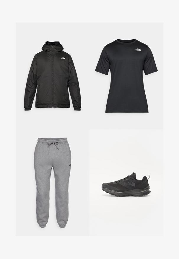 Jacket preta com capuz da The North Face, com fecho éclair na frente, punhos elásticos e logotipo no canto superior esquerdo do peito, em fundo branco.; Camiseta preta de manga curta feita de um tecido leve e que absorve a umidade. Apresenta um logo branco no lado esquerdo do peito e um decote redondo.; The North Face SIMPLE DOME REGULAR TAPERED JOGGER - Calças de fato de treino - medium grey heather; Sapatilha atlética preta com parte superior em malha, sola de borracha e colarinho almofadado. Apresenta atacadores, logótipo de lado e um design texturizado.
