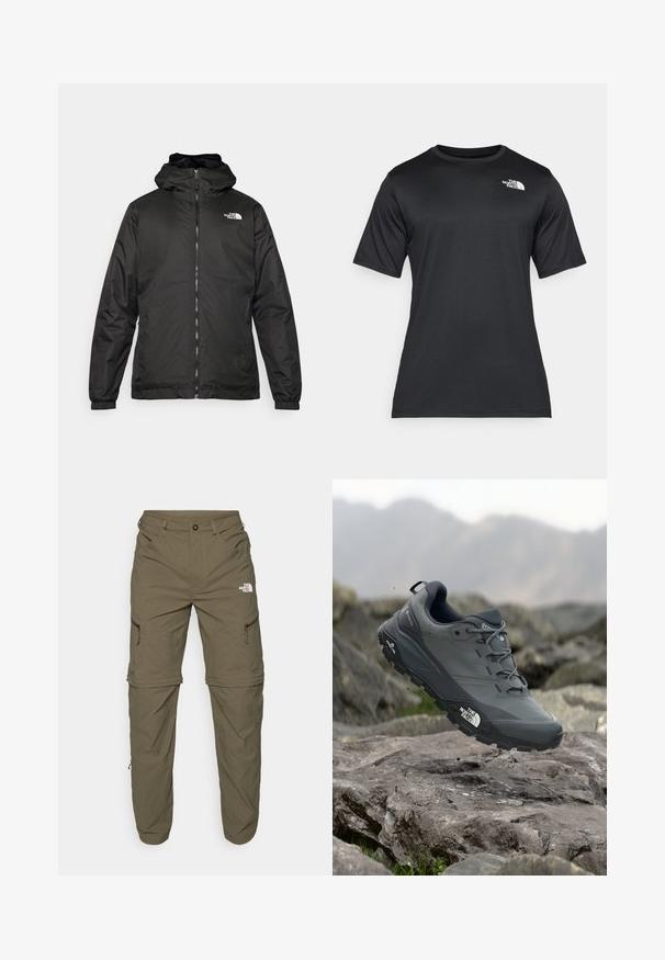 Svart The North Face hettegenser med frontglidelås, elastiske mansjetter, og logo på øvre venstre bryst mot en hvit bakgrunn.; Svart t-skjorte med korte ermer laget av lett, fukttransporterende stoff. Har en hvit logo på venstre bryst og rund hals.; The North Face EXPLORATION TAPERED CONVERTIBLE - Friluftsbukser - new taupe green; Grå terrengløpesko med en teksturert overdel, slitesterk gummisåle og forsterket tåhette. Inkluderer snørebånd og merkevarelogo på siden.