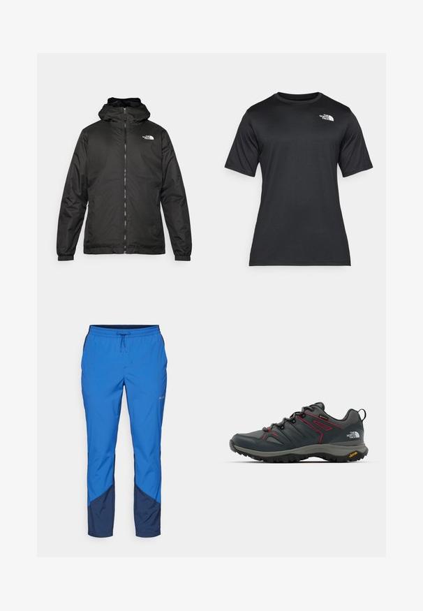 Juodas „The North Face“ striukė su gobtuvu, priekyje užtrauktuku, elastingomis rankogaliais ir logotipu viršutinėje kairėje krūtinės pusėje ant baltos fono.; Juoda trumpų rankovių marškinėliai, pagaminti iš lengvos, drėgmę praleidžiančios medžiagos. Viršuje kairėje krūtinės pusėje yra balta logotipo etiketė, o apykaklė yra klasikinio stiliaus.; Mėlyni lauko kelnių su raišteliu juosmenyje. Su tamsiai mėlynomis detalėmis apatinėse dalyse ir šonuose, pagaminta iš lengvos medžiagos.; Pilkos žygio bateliai su raudonais akcentais, tinklelio ir sintetinė viršutinė dalis, raištelių sistema, ir Vibram padas, užtikrinantis sukibimą. Įrengti Gore-Tex technologija vandens atsparumui.