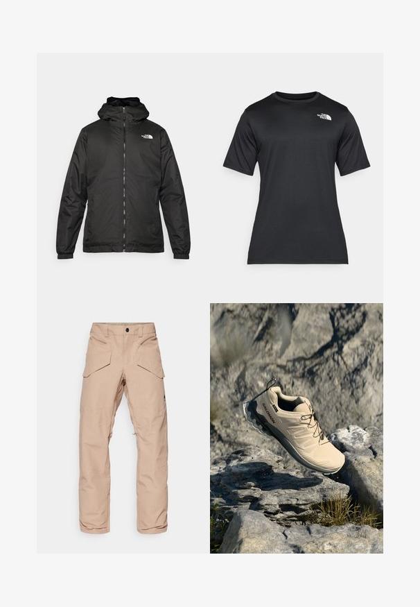 Musta The North Face -huppari, jossa on etuvetoketju, joustavat hihansuut ja logo vasemmalla ylärinnassa valkoista taustaa vasten.; Mustat lyhyet hiharat t-paita, joka on valmistettu kevyestä, kosteutta siirtävästä kankaasta. Vasen rintaosa on varustettu valkoisella logolla ja t-paidassa on pyöreä kaula-aukko.; Vaaleanbeige cargo-housut, joissa on vettä hylkivä kangas, useita taskuja, vahvistetut polvet ja vetoketjulla varustettu alareuna säädettävyyden vuoksi.; Beige Salomon-polkujuoksukengät ilmassa kalliolla, jossa on hajallaan ruohoa ja pieniä kiviä.